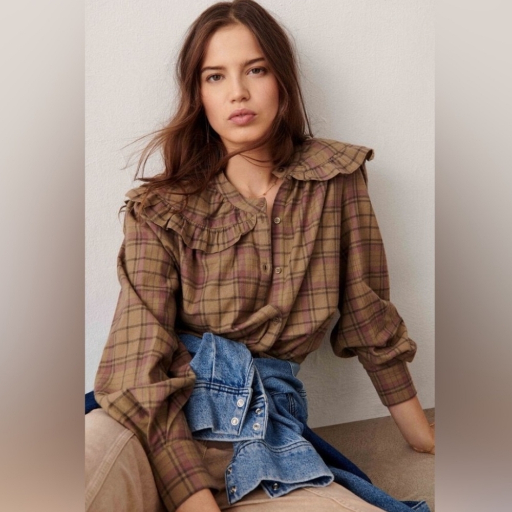 BA&SH Fergus Check Shirt Flannel Plaid Long Sleeve Ruffle